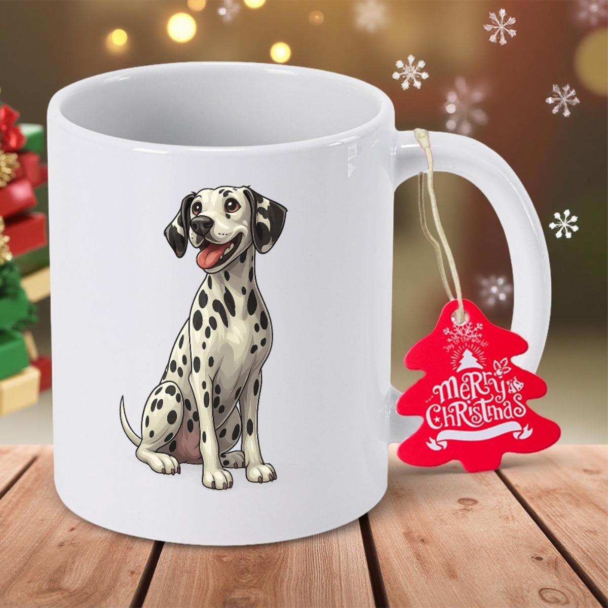Tailorly White Ceramic 11 oz Mug - Merry Christmas Happy Spotted Dog Sitting Gracefully On White Glossy Festive Holiday Dalmatian