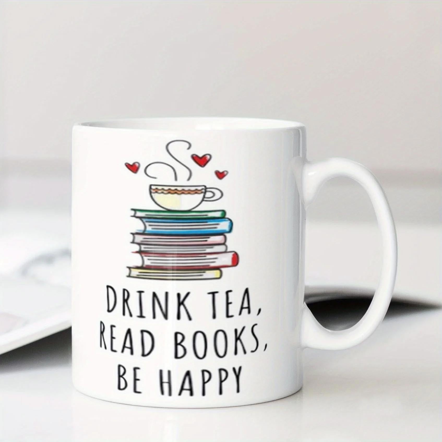 Tailorly White Ceramic 11 oz Mug - Drink Tea Read Books Be Happy Stack Of Colorful Books With Steaming Cup And Floating Red Hearts Teacup