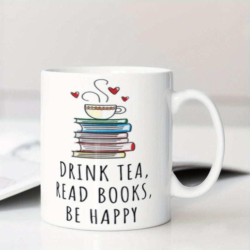 Tailorly White Ceramic 11 oz Mug - Drink Tea Read Books Be Happy Stack Of Colorful Books With Steaming Cup And Floating Red Hearts Teacup