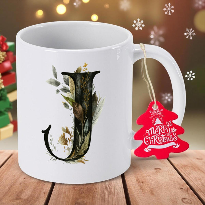 Tailorly White Ceramic 11 oz Mug - Merry Christmas Elegant Serif Letter J Filled With Soft Green Botanical Leaves Mug