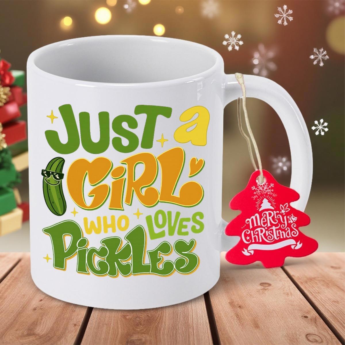 Tailorly White Ceramic 11 oz Mug - Just A Girl Who Loves Pickles Cartoon Pickle Wearing Sunglasses Surrounded By Tiny Golden Sparkles Pickle