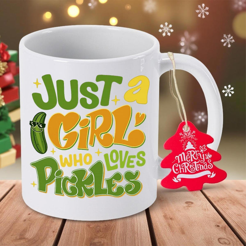 Tailorly White Ceramic 11 oz Mug - Just A Girl Who Loves Pickles Cartoon Pickle Wearing Sunglasses Surrounded By Tiny Golden Sparkles Pickle