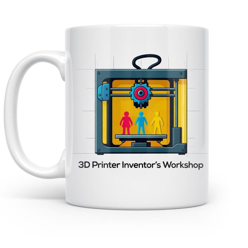 Tailorly White Ceramic 11 oz Mug - 3D Printer Inventors Workshop Modern Digital Machine Printing Three Small Colorful Humanoid Character Figures Inside Printer