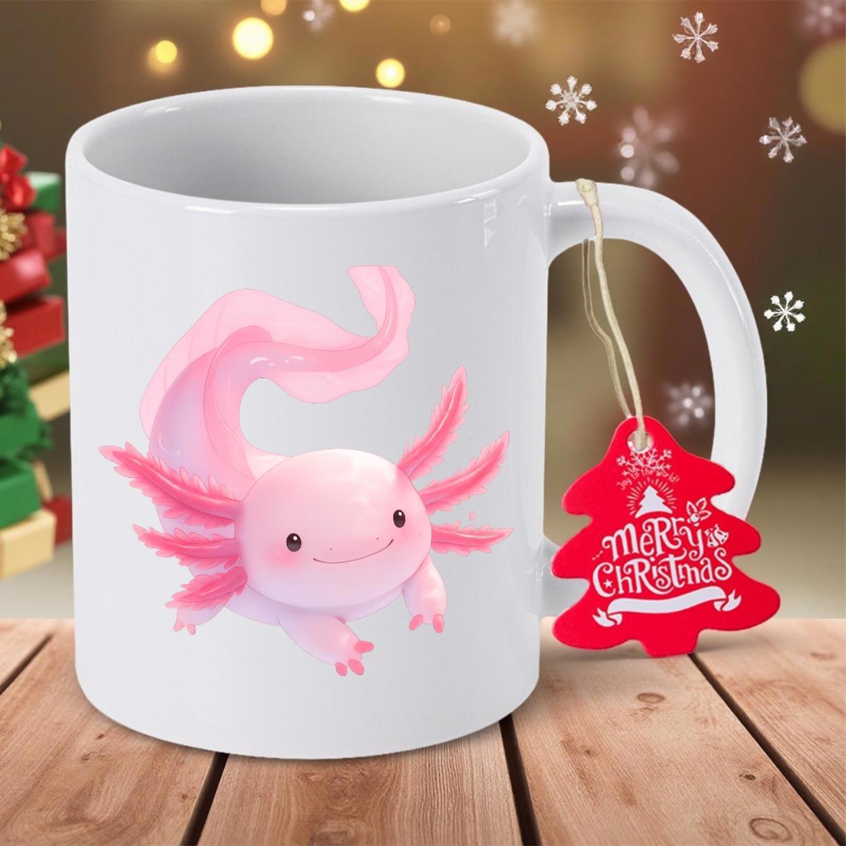 Tailorly White Ceramic 11 oz Mug - Merry Christmas Adorable Smiling Pink Cartoon Axolotl Floating Gracefully In Clean White Space Axolotl