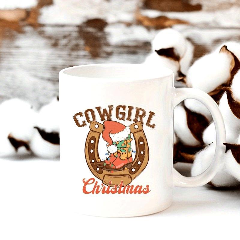Tailorly White Ceramic 11 oz Mug - Cowgirl Christmas Rustic Western Silhouette Framing A Festive Holiday Boot With A Santa Hat Horseshoe