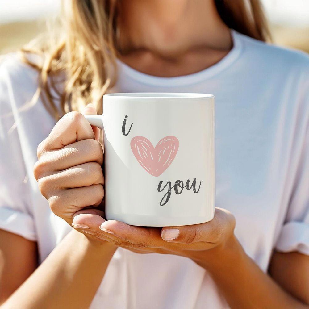 Tailorly White Ceramic 11 oz Mug - I You Soft Pink Watercolor Heart Shape Centered Within Minimalist Script Typography Heart