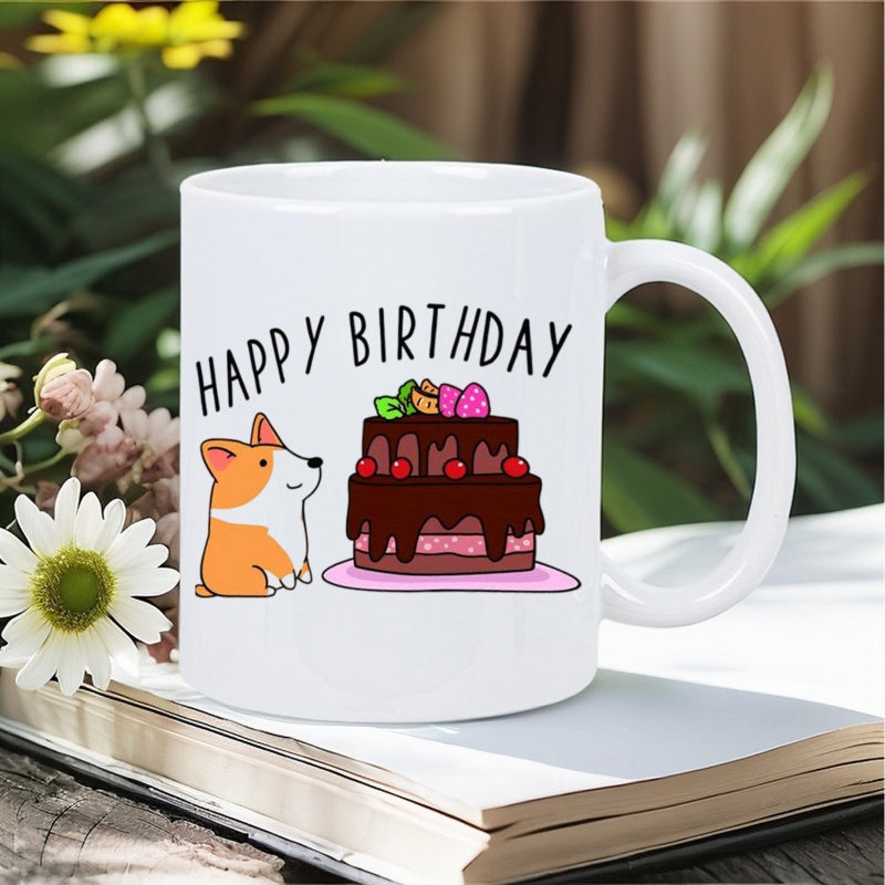 Tailorly White Ceramic 11 oz Mug - Happy Birthday Cute Cartoon Corgi Sitting Beside A Delicious Tiered Chocolate Birthday Cake Dog