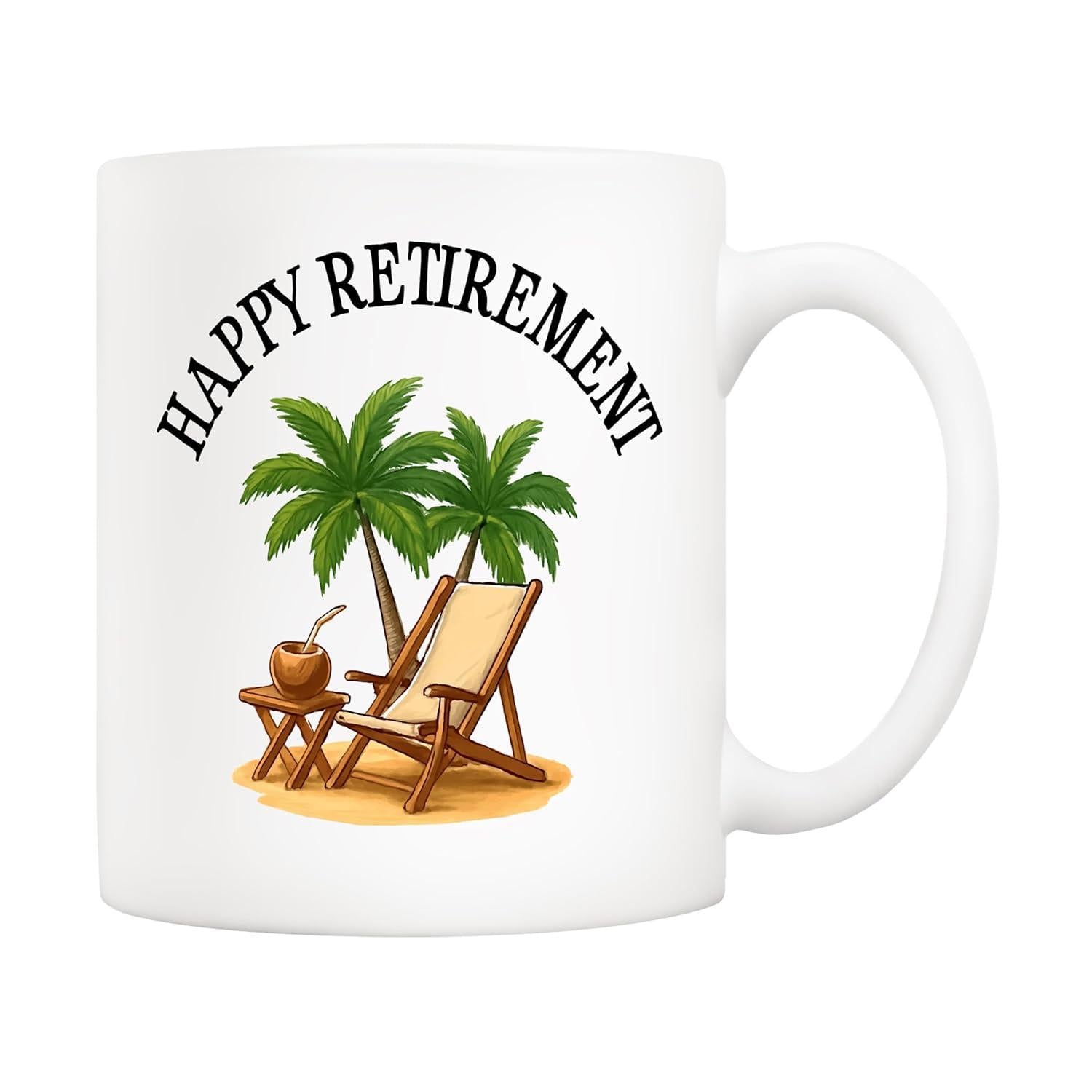 Tailorly White Ceramic 11 oz Mug - Happy Retirement Tropical Paradise With Lush Green Palm Trees And Relaxing Beach Chair