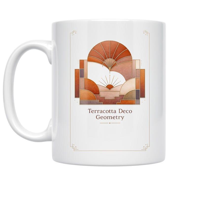 Tailorly White Ceramic 11 oz Mug - Terracotta Deco Geometry Abstract Layered Geometric Shapes Featuring Warm Earthy Tones Symmetrical Arch Design
