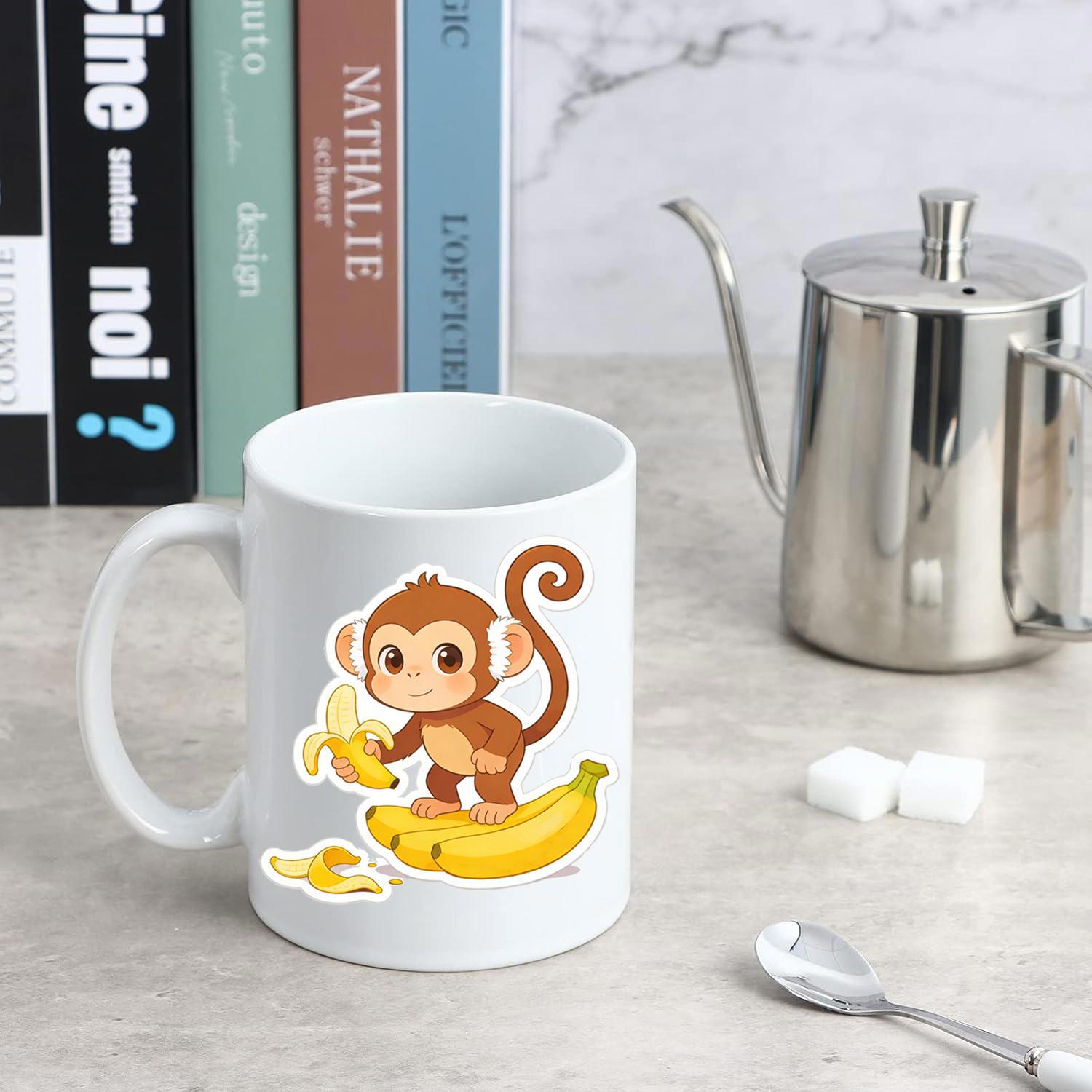 Tailorly White Ceramic 11 oz Mug - Cheerful Brown Primate Holding A Peeled Fruit Standing Atop Yellow Monkey