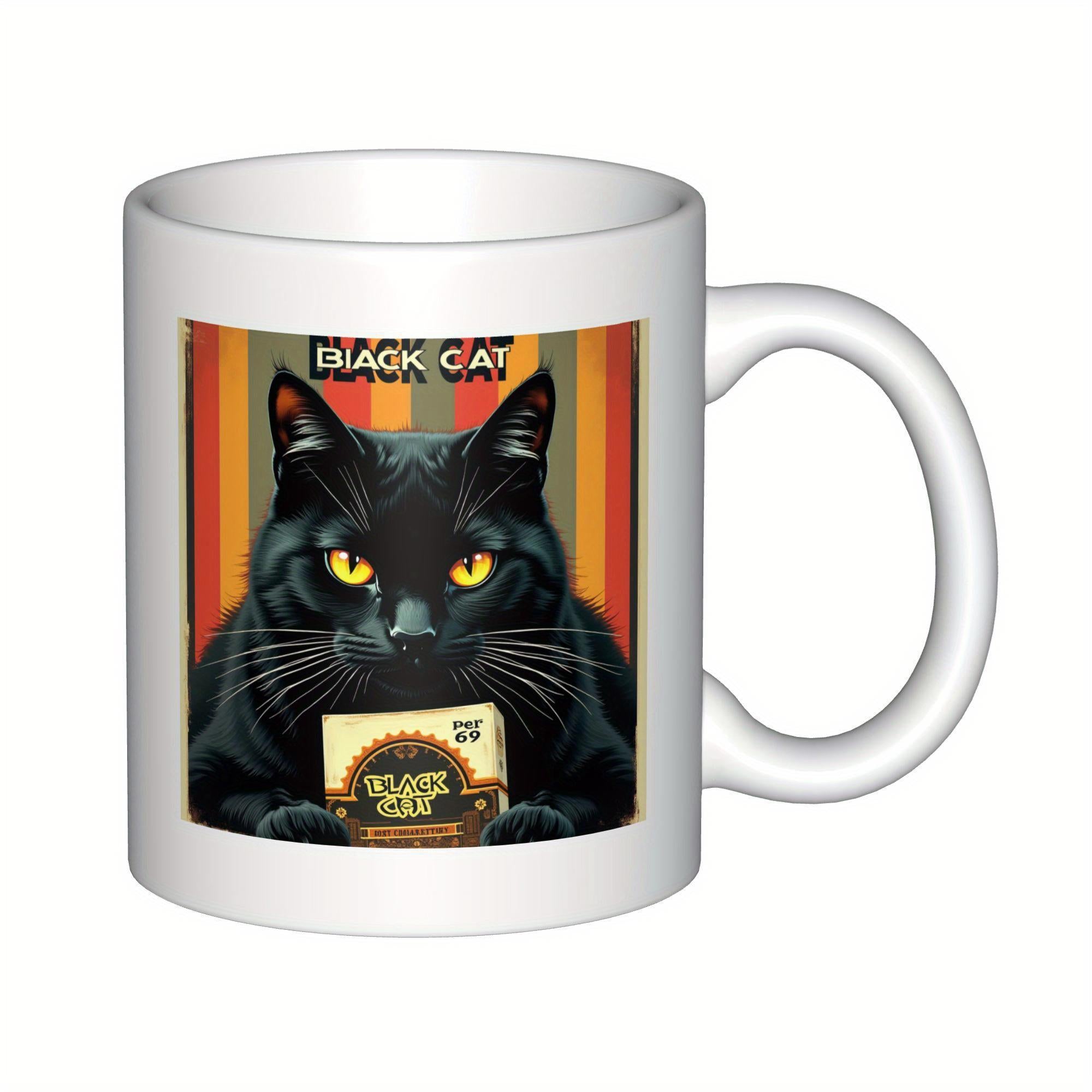 Tailorly White Ceramic 11 oz Mug - Black Cat Mysterious Feline With Intense Yellow Eyes Against Retro Colorful Striped Background Cat