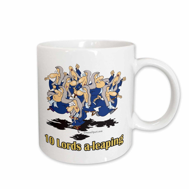 Tailorly White Ceramic 11 oz Mug - 10 Lords A Leaping Multiple Cartoon Figures Jumping In Blue Outfits With Playful Expressions Lords