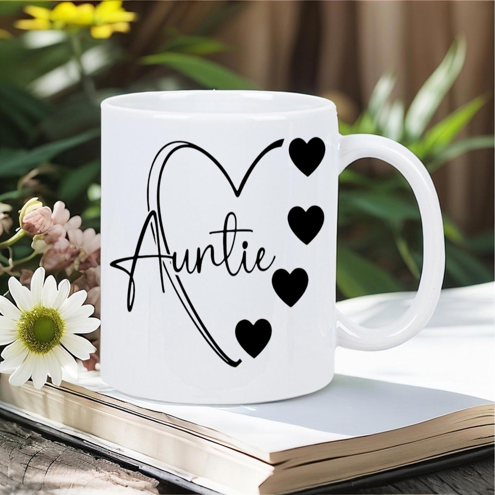Tailorly White Ceramic 11 oz Mug - Auntie Minimalist Black Line Drawing Featuring Multiple Hearts And Elegant Cursive Heart