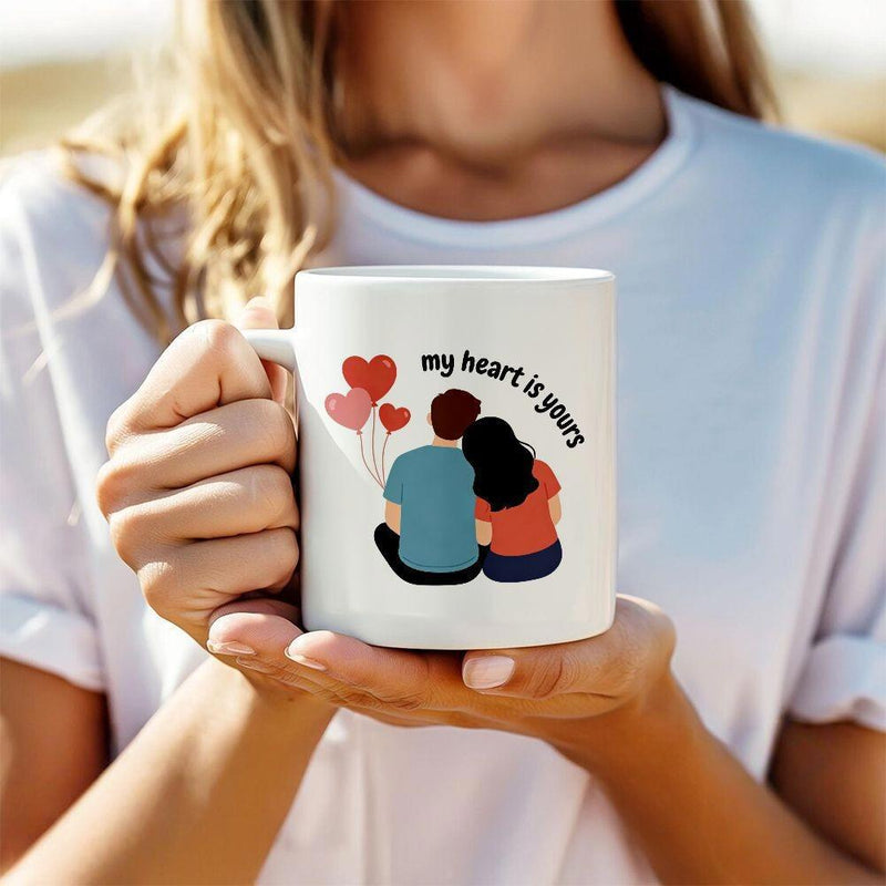 Tailorly White Ceramic 11 oz Mug - My Heart Is Yours Romantic Sitting Figures Surrounded By Floating Red Heart Balloons Couple
