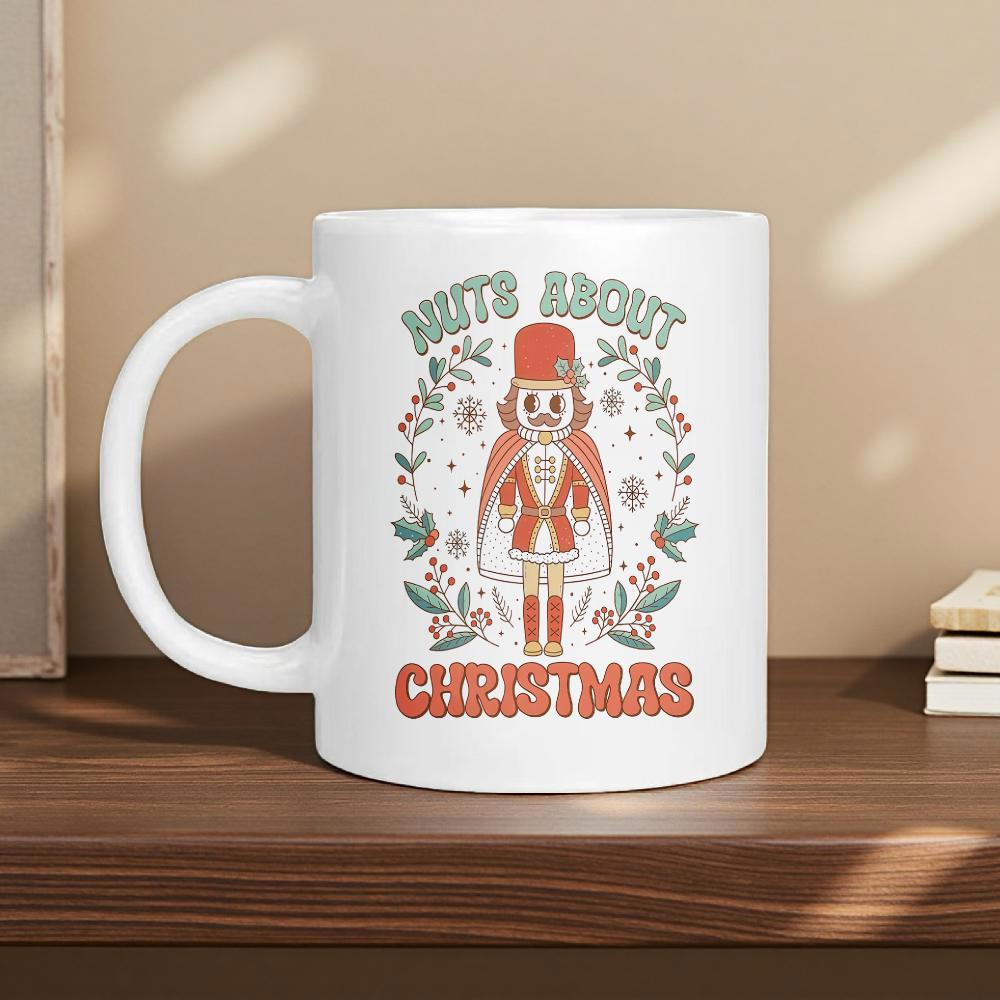 Tailorly White Ceramic 11 oz Mug - Nuts About Christmas Vintage Red Soldier Surrounded By Festive Green Holly Wreath Decorating A Holiday Nutcracker