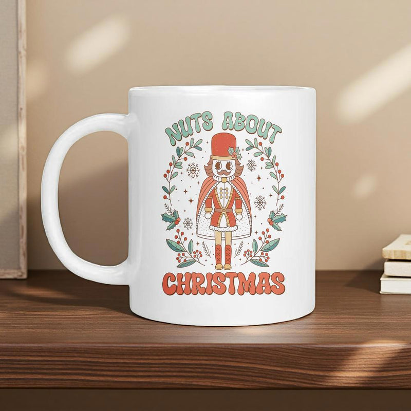 Tailorly White Ceramic 11 oz Mug - Nuts About Christmas Vintage Red Soldier Surrounded By Festive Green Holly Wreath Decorating A Holiday Nutcracker