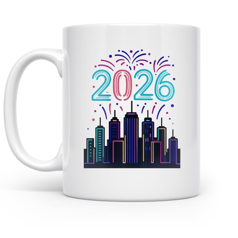 Tailorly White Ceramic 11 oz Mug - 2026 Vibrant Fireworks Bursting Over A Modern Neon Night City Skyline