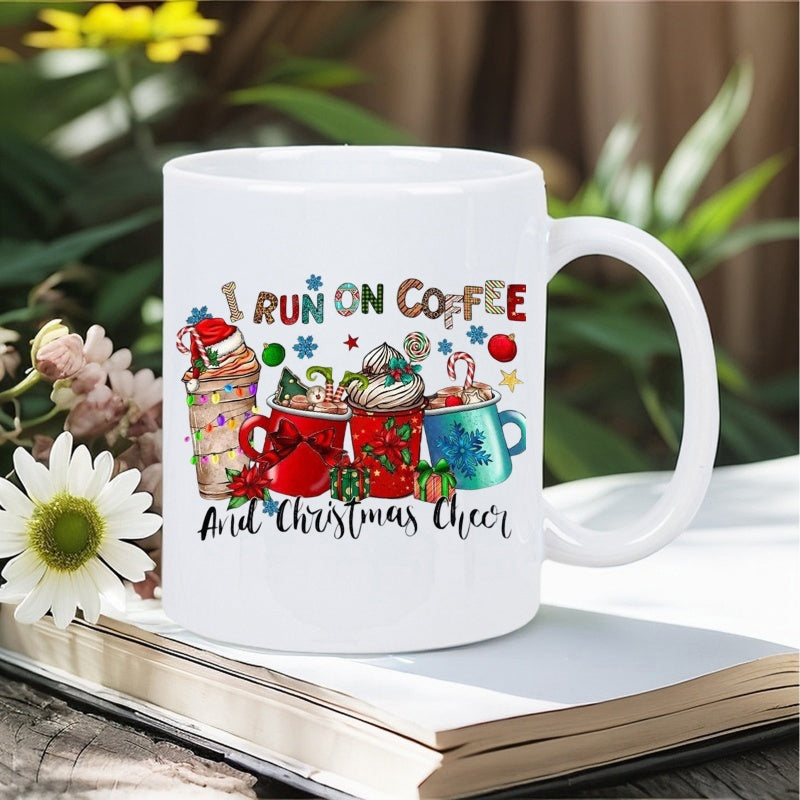 Tailorly White Ceramic 11 oz Mug - I Run On Coffee And Christmas Cheer Festive Holiday Drinks Decorated With Santa Hats And Candy Canes Coffee