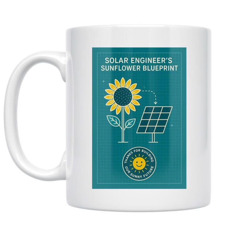 Tailorly White Ceramic 11 oz Mug - Solar Engineer's Sunflower Blueprint Thank You Building Our Bright Future Vibrant Yellow Floral Petals Connecting To Geometric