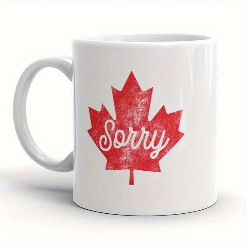 Tailorly White Ceramic 11 oz Mug - Sorry Distressed Red Texture Symbol With White Cursive Script Text Maple Leaf