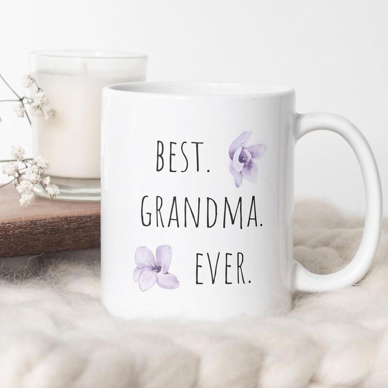 Tailorly White Ceramic 11 oz Mug - Best Grandma Ever Delicate Purple Watercolor Blossoms Floating Gracefully Beside Elegant Hand Drawn Script Mug