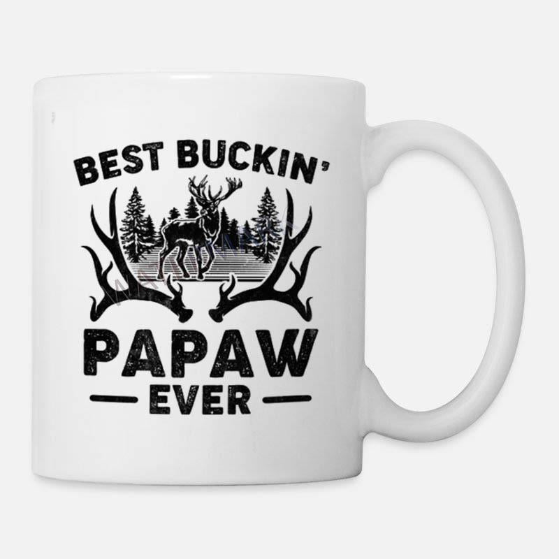 Tailorly White Ceramic 11 oz Mug - Best Buckin Papaw Ever Majestic Silhouette Standing In Pine Forest With Large Symmetrical Decorative Antlers Buck