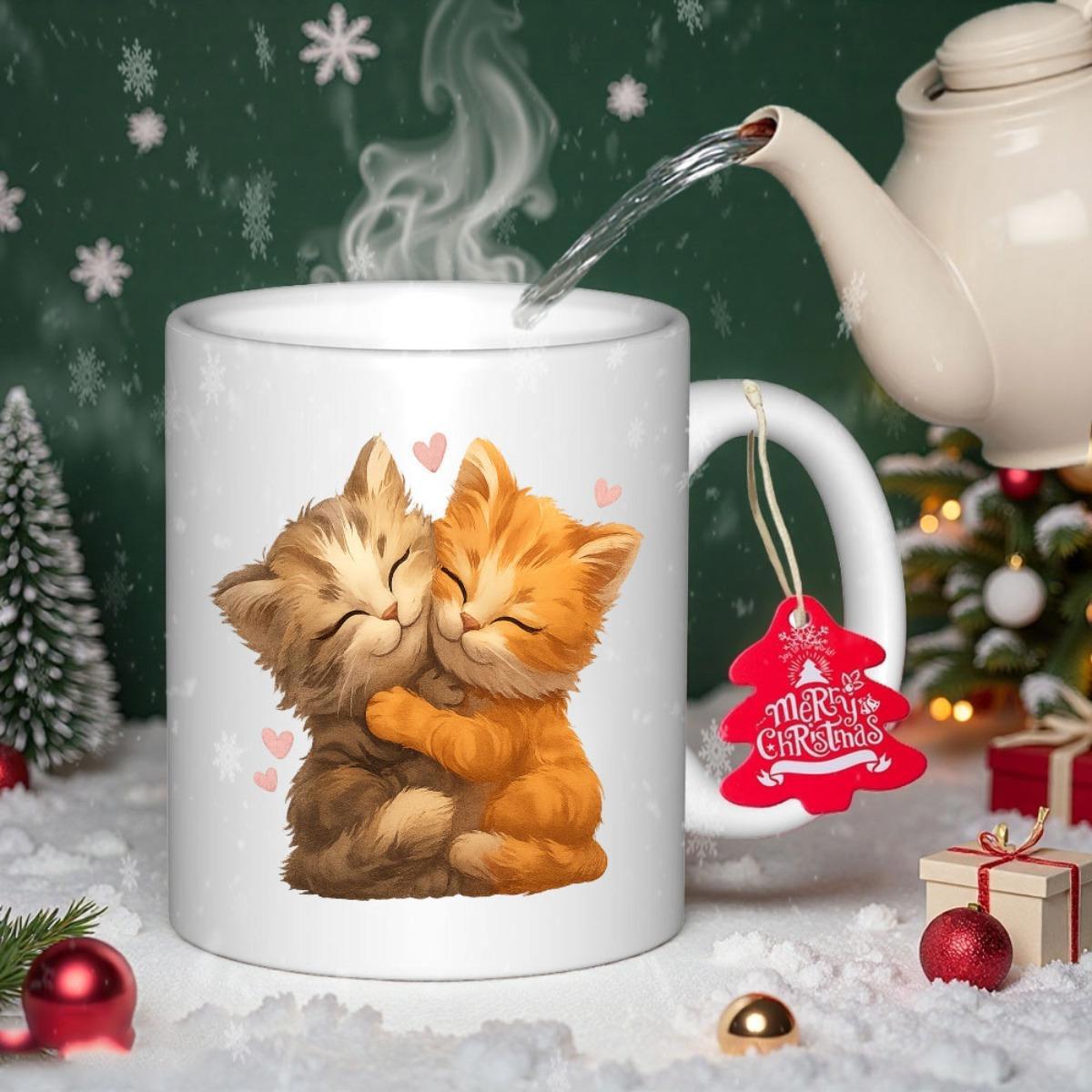 Tailorly White Ceramic 11 oz Mug - Two Adorable Fluffy Kittens Snuggling Together Surrounded By Floating Little Hearts Cat