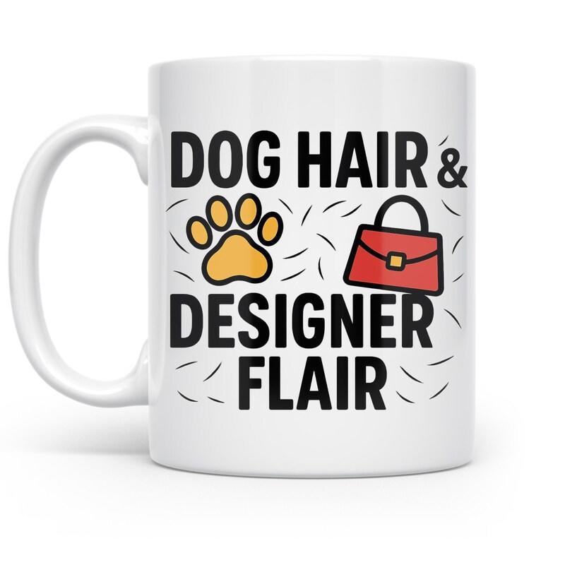 Tailorly White Ceramic 11 oz Mug - Dog Hair Designer Flair Golden Paw Print And Red Handbag Among Scattered Pet Hair Handbag