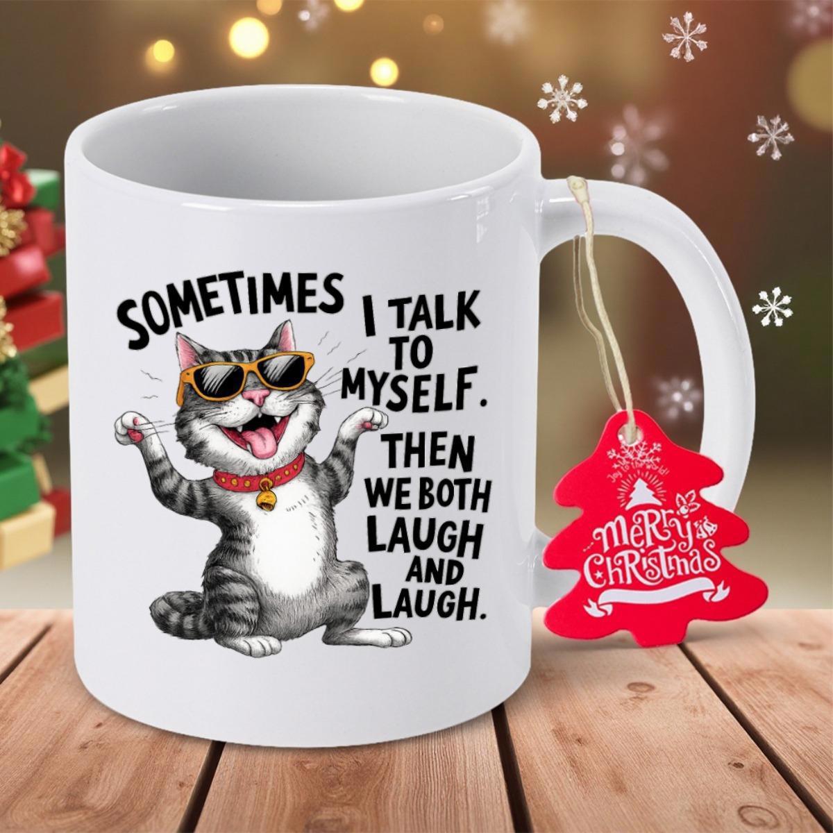 Tailorly White Ceramic 11 oz Mug - Sometimes I Talk To Myself Then We Both Laugh And Laugh Funny Striped Tabby Wearing Sunglasses With Joyful Expression Sitting