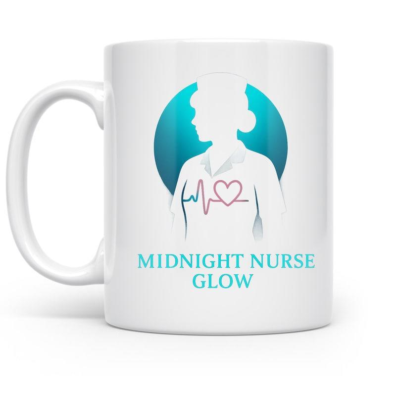 Tailorly White Ceramic 11 oz Mug - Midnight Nurse Glow Minimalist Silhouette With Heartbeat Line And Glowing Blue Circular Backdrop Nurse