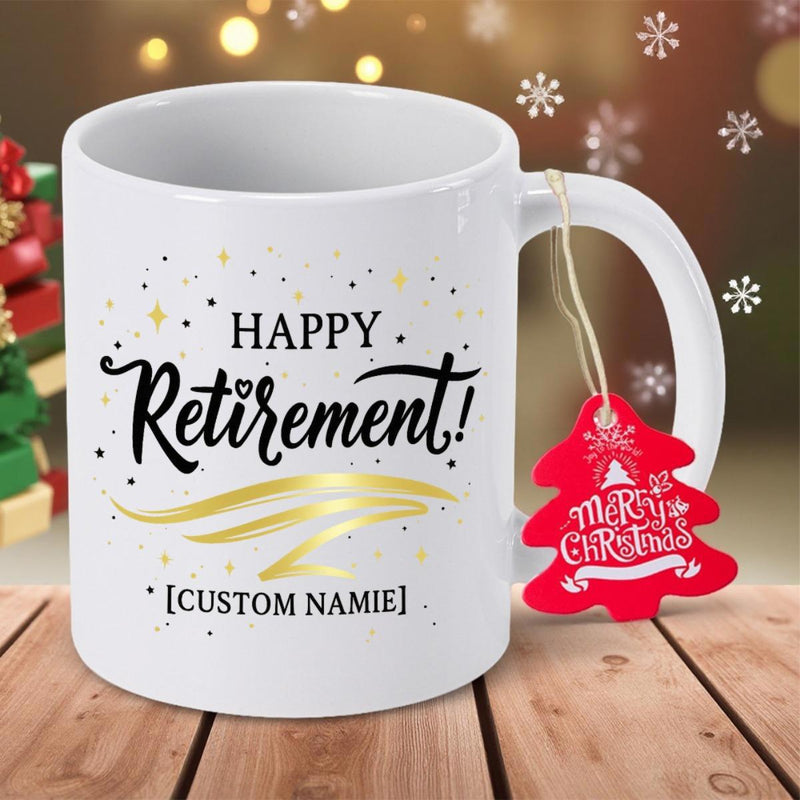 Tailorly White Ceramic 11 oz Mug - Happy Retirement Custom Namie Elegant Golden Swoosh Among Sparkling Stars And Decorative Festive Elements Design
