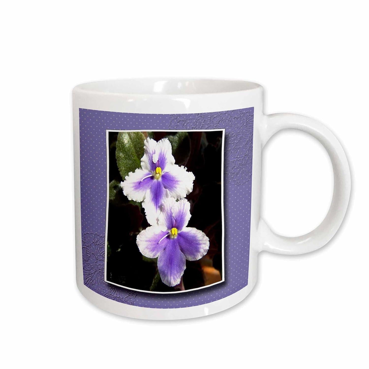 Tailorly White Ceramic 11 oz Mug - Beautiful African Violet Petals Blooming Within A Classic Rectangular Border Flower
