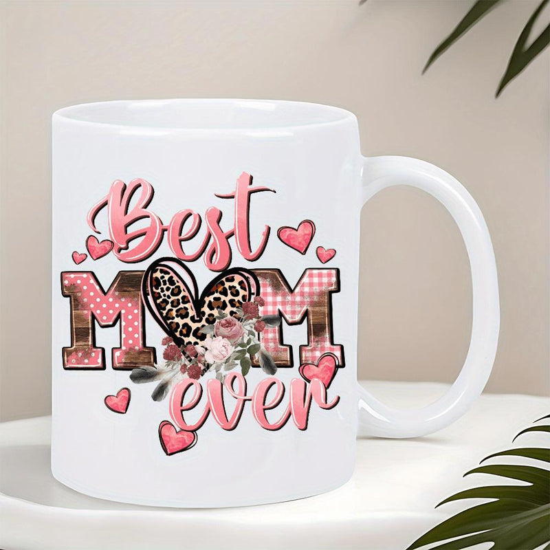 Tailorly White Ceramic 11 oz Mug - Best Mom Ever Leopard Heart With Blooming Floral Details And Small Hearts Mug