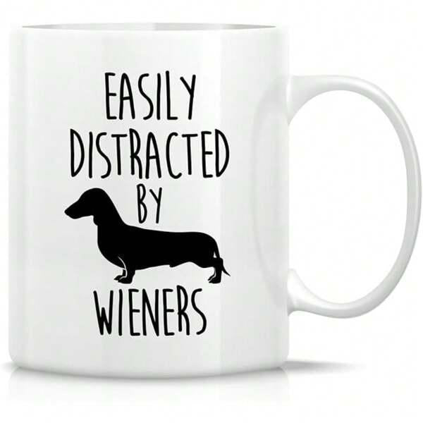 Tailorly White Ceramic 11 oz Mug - Easily Distracted By Wieners Minimalist Solid Black Silhouette Of A Long Bodied Weiner Dachshund