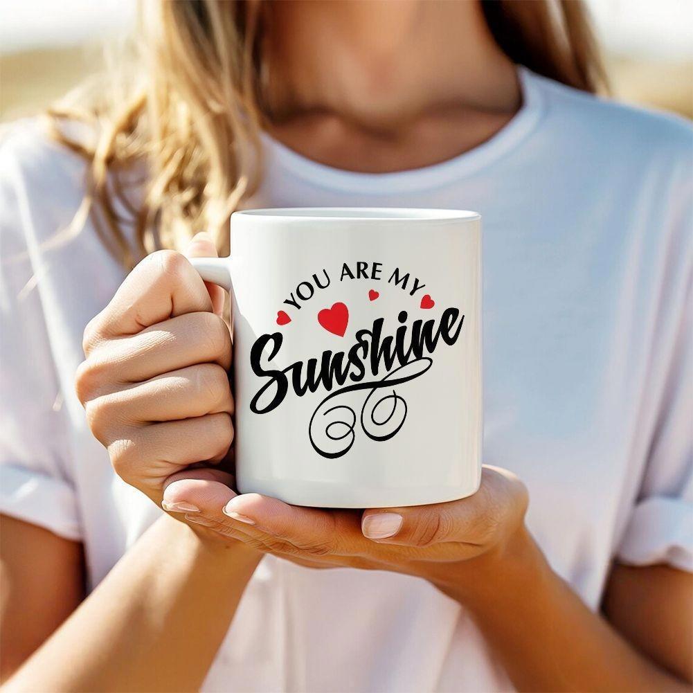 Tailorly White Ceramic 11 oz Mug - You Are My Sunshine Radiant Red Hearts Floating Above Elegant Swirls And Decorative Lines Mug