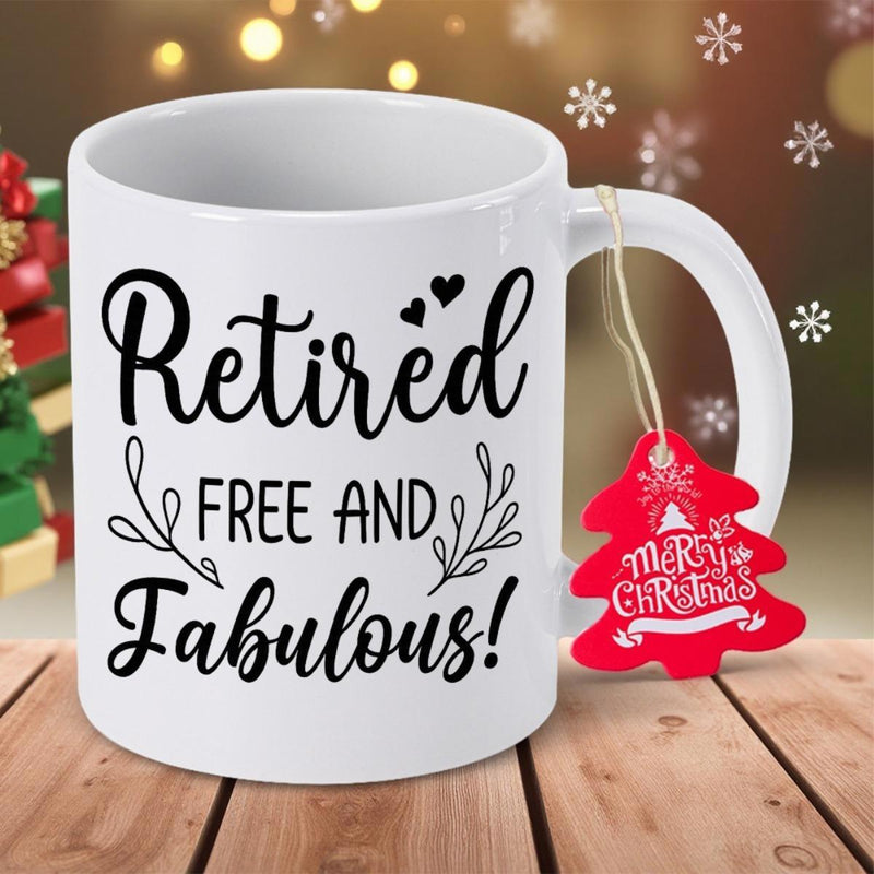 Tailorly White Ceramic 11 oz Mug - Retired Free And Fabulous Minimalist White Ceramic With Delicate Black Hearts And Leafy Flourish Mug