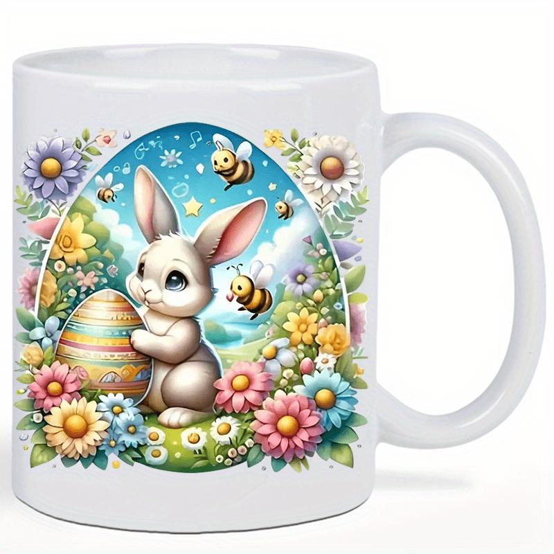 Tailorly White Ceramic 11 oz Mug - Adorable White Bunny Holding Patterned Egg Surrounded By Spring Garden Flowers Rabbit