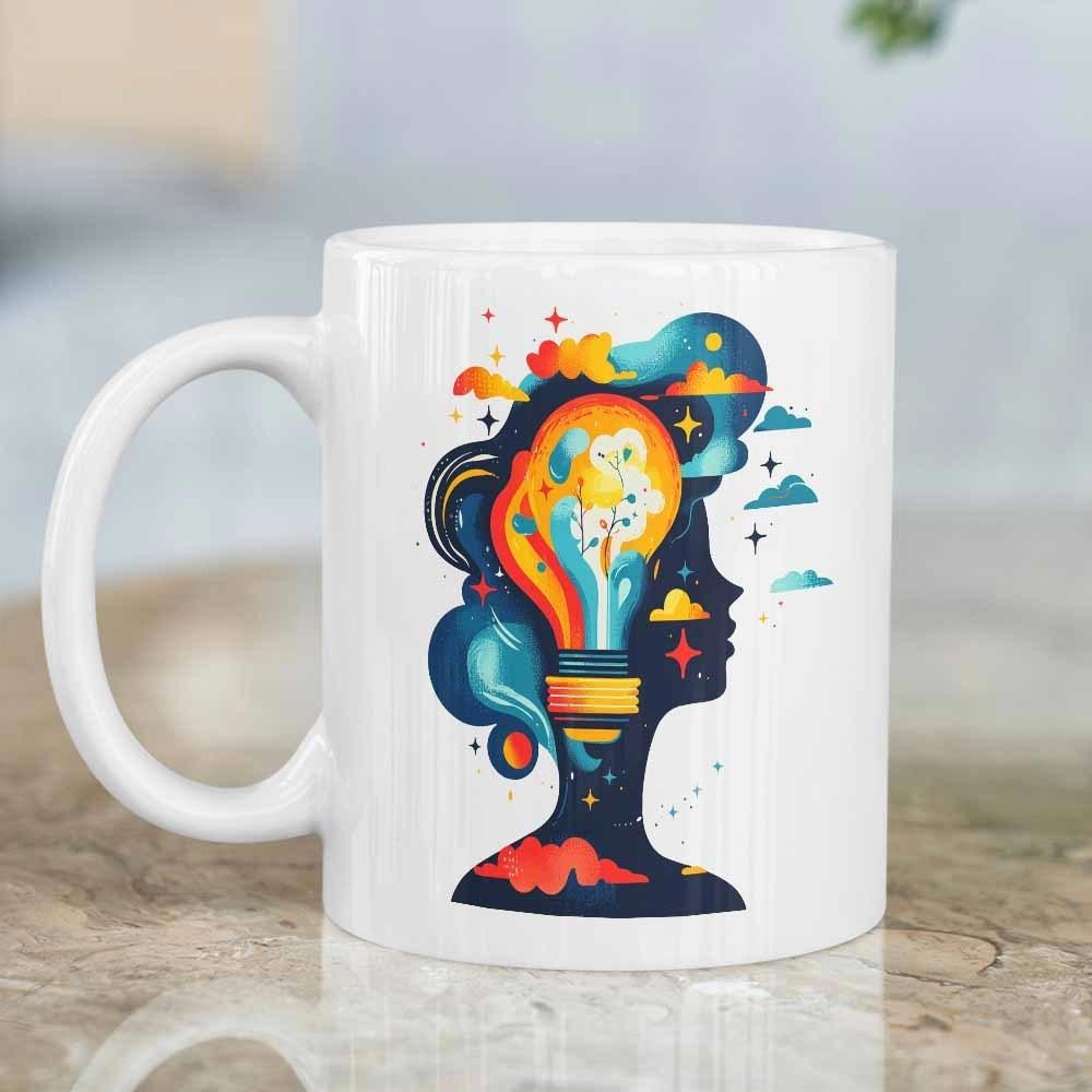Tailorly White Ceramic 11 oz Mug - Artistic Profile Filled With Colorful Clouds Stars And Glowing Lightbulb Silhouette