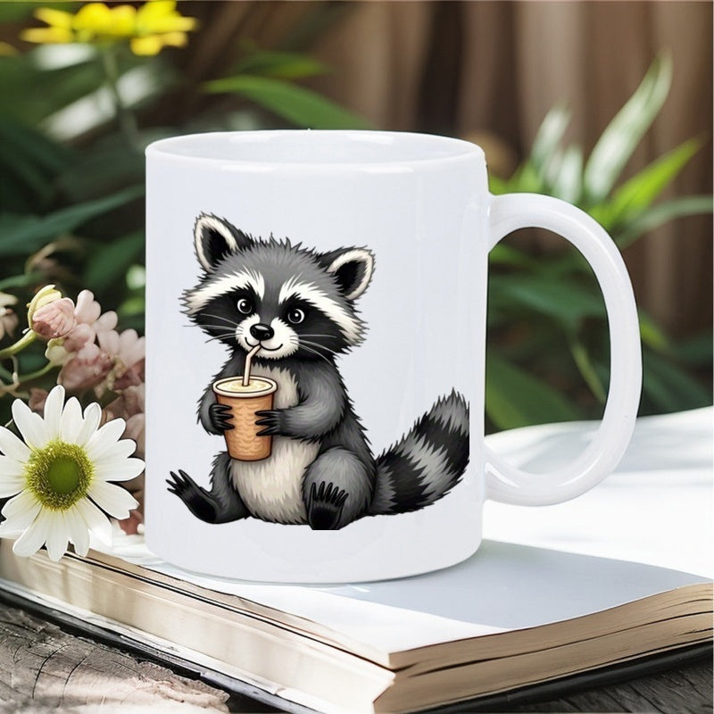 Tailorly White Ceramic 11 oz Mug - Adorable Cartoon Animal Sipping Iced Coffee With A Straw Raccoon