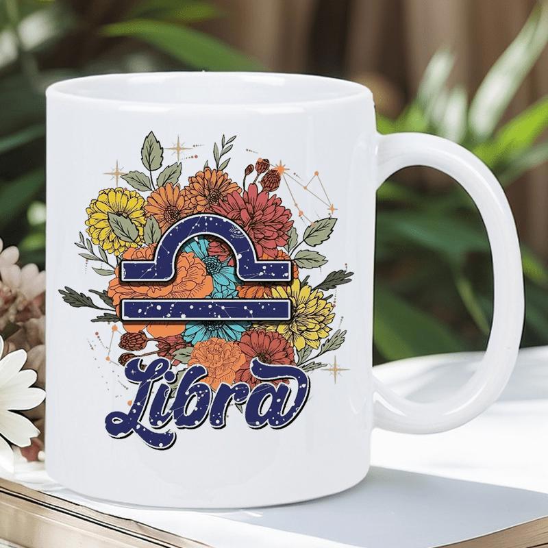 Tailorly White Ceramic 11 oz Mug - Libra Colorful Blooming Autumn Flowers With Celestial Stars Surrounding A Cosmic Zodiac Libra