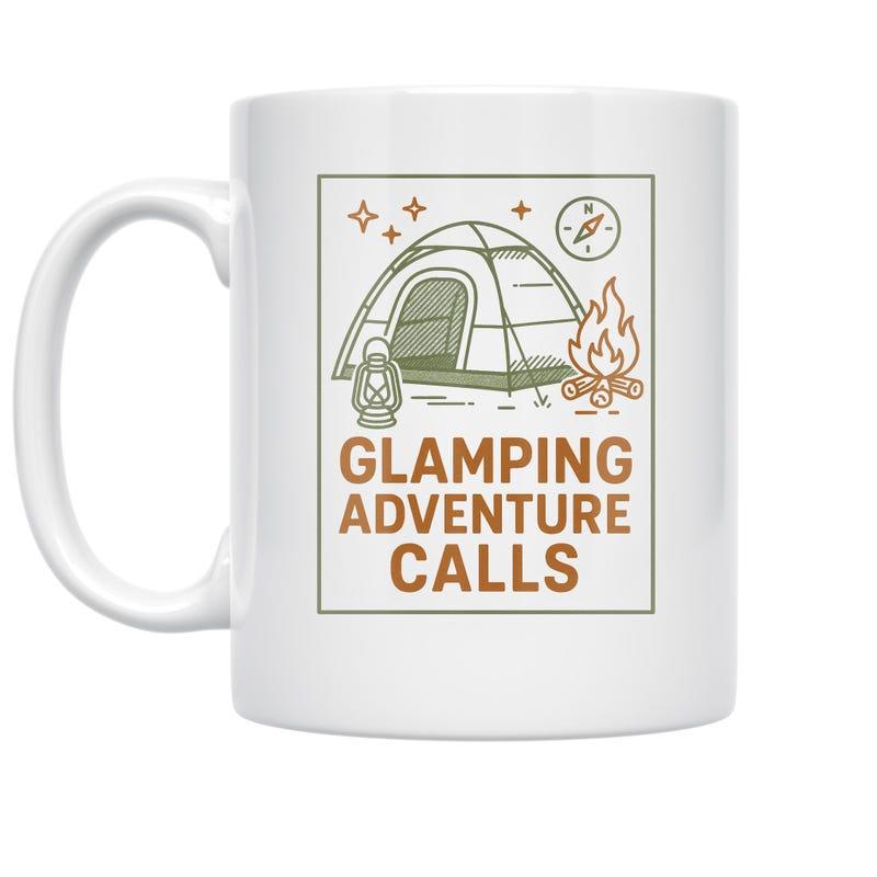 Tailorly White Ceramic 11 oz Mug - Glamping Adventure Calls Outdoor Campfire And Lantern Under Starry Night Sky Tent