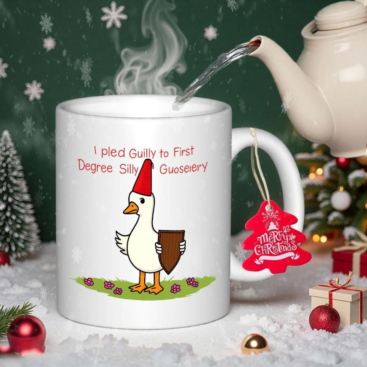 Tailorly White Ceramic 11 oz Mug - I Plead Guilty To First Degree Silly Goosebery Cartoon Bird Wearing A Red Hat Standing On A Patch Of Grass Goose