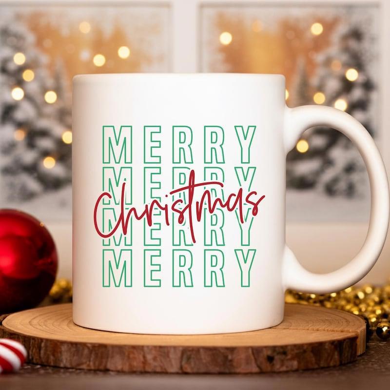 Tailorly White Ceramic 11 oz Mug - Merry Christmas Festive Holiday Typography Featuring Repeated Teal Block Letters And Red Script Mug