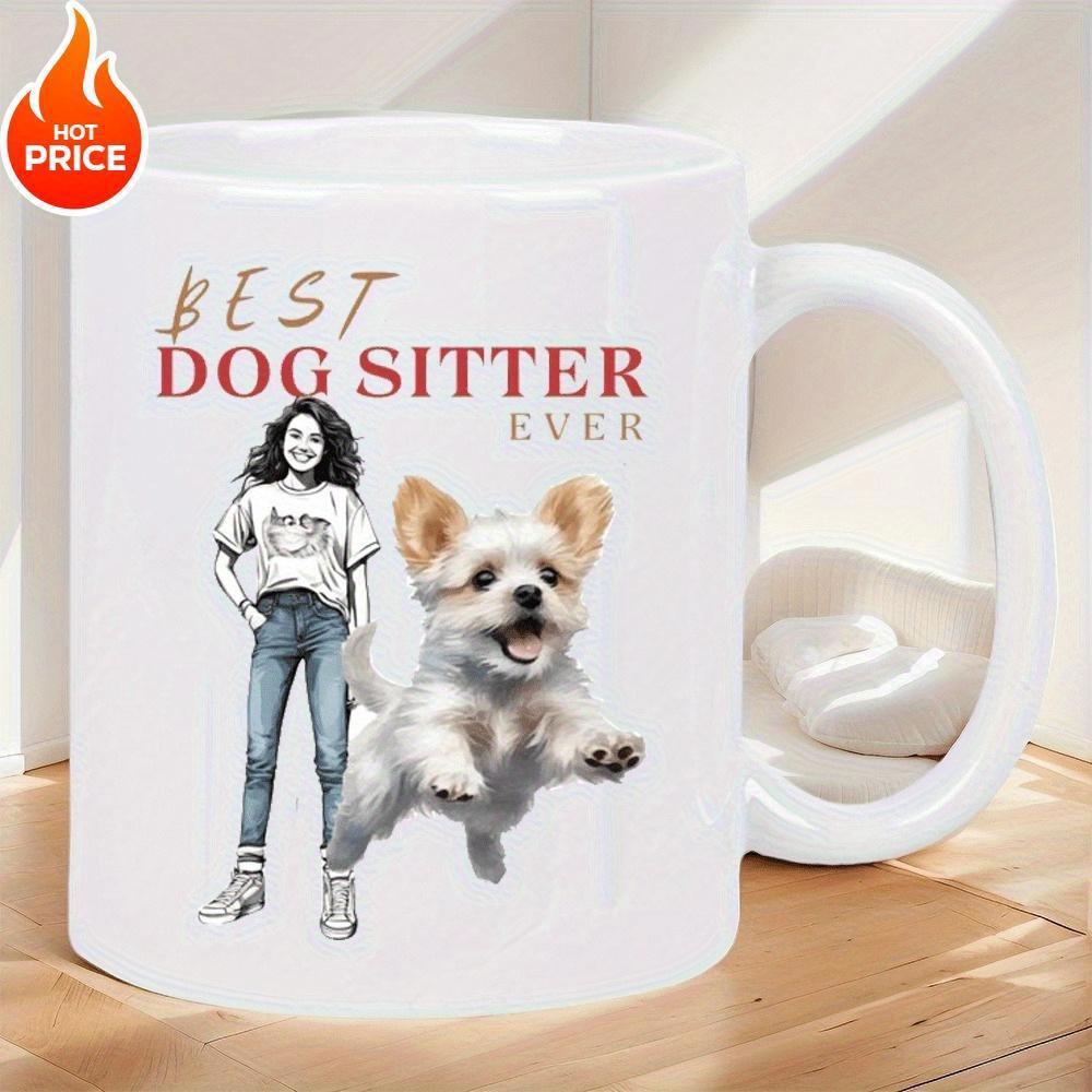 Tailorly White Ceramic 11 oz Mug - Best Dog Sitter Ever Playful Fluffy White Puppy Leaping Beside A Minimalist Woman Silhouette Dog
