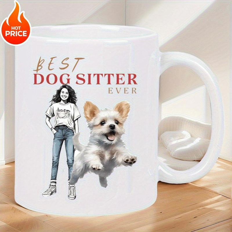 Tailorly White Ceramic 11 oz Mug - Best Dog Sitter Ever Playful Fluffy White Puppy Leaping Beside A Minimalist Woman Silhouette Dog