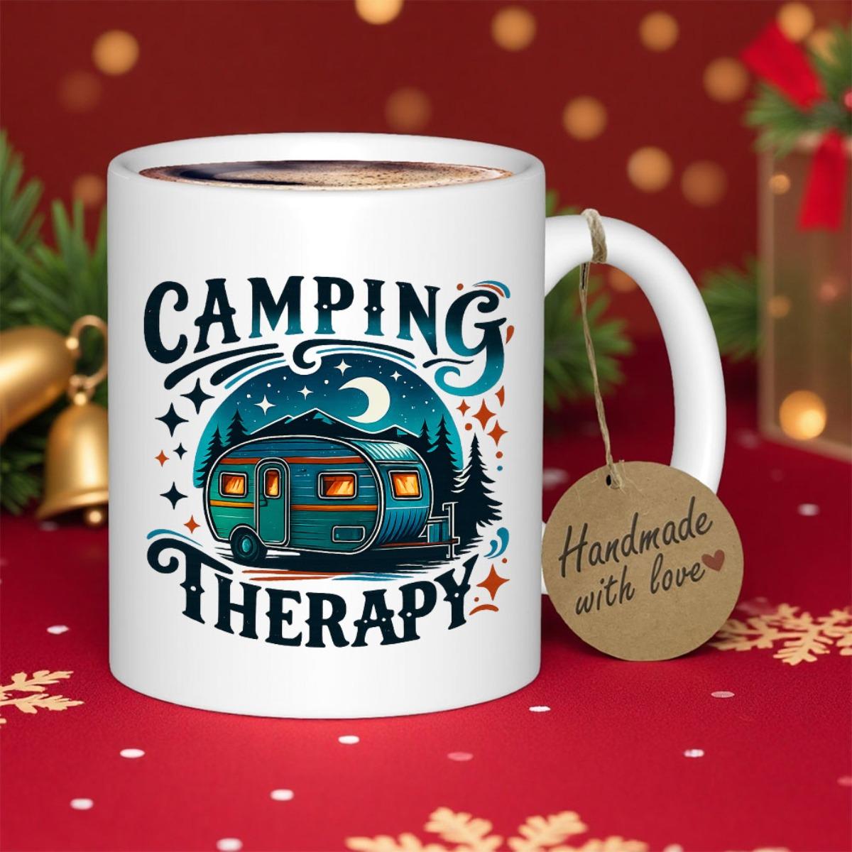 Tailorly White Ceramic 11 oz Mug - Camping Therapy Vintage Caravan Parked Under A Starry Night Sky Surrounded By Pine Trees Camper