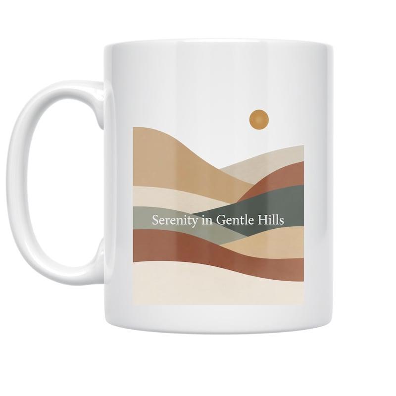 Tailorly White Ceramic 11 oz Mug - Serenity In Gentle Hills Minimalist Earthy Tones Layered Mountains Under A Warm Sun Landscape