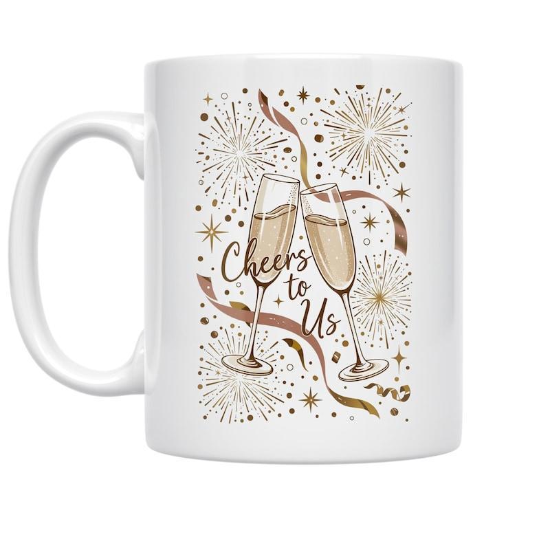 Tailorly White Ceramic 11 oz Mug - Cheers To Us Festive Starbursts And Elegant Ribbons With Two Toasting Champagne Glasses