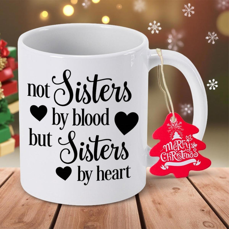 Tailorly White Ceramic 11 oz Mug - Not Sisters By Blood But Sisters By Heart Minimalist Elegant Script Typography With Three Small Solid Black Hearts Mug