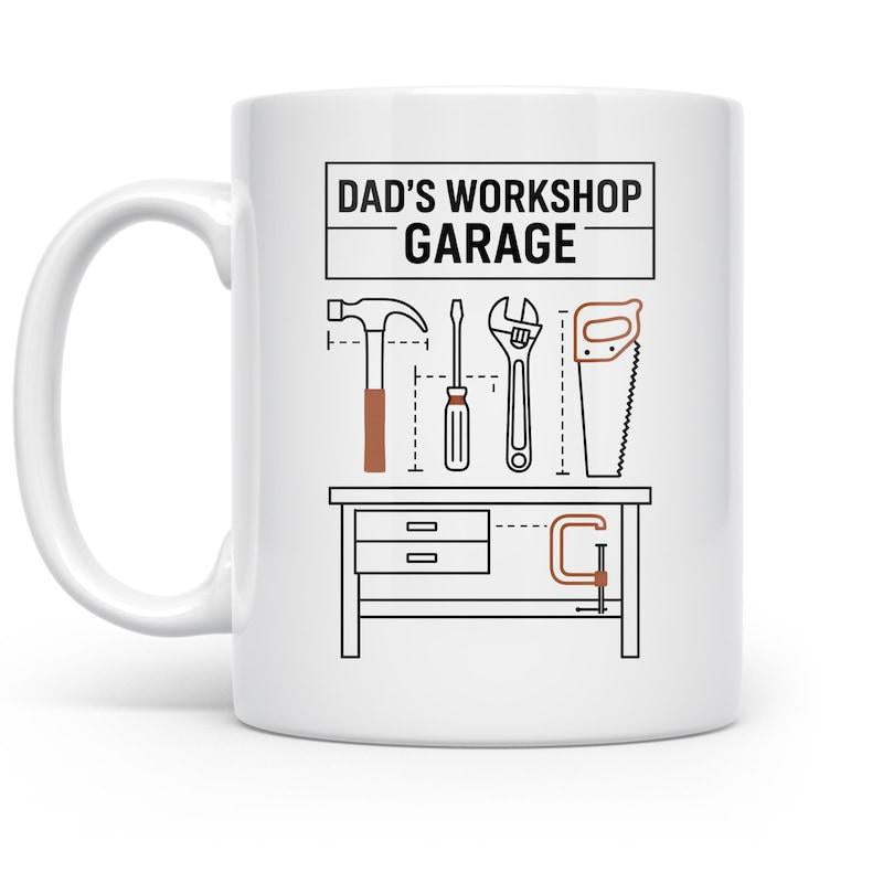 Tailorly White Ceramic 11 oz Mug - Dads Workshop Garage Minimalist Line Art Tools Set Within A Professional Carpentry Garage Workbench